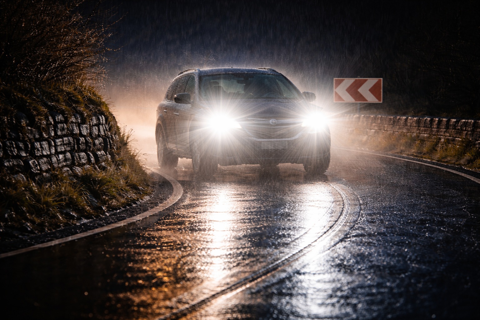 Rainy day dazzled by oncoming headlights